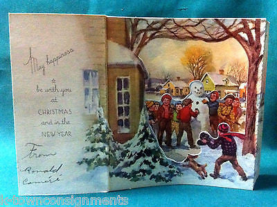 Kids Winter Snowman Scene Vintage Stand-Up Graphic Illustrated Christmas Card - K-townConsignments