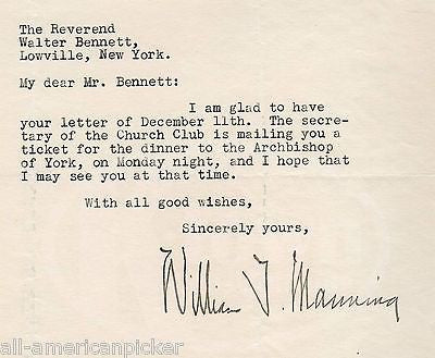 WILLIAM MANNING DIOCESE OF NEW YORK AUTOGRAPH SIGNED REV. BENNETT DINNER INVITES - K-townConsignments