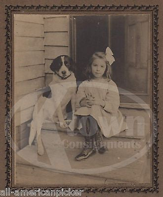 DARLING LITTLE GIRL & HER PUPPY DOG AMERICAN FARMHOUSE PORCH ANTIQUE PHOTOGRAPH - K-townConsignments