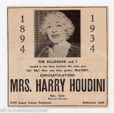 MRS. HARRY HOUDINI BILLBOARD ANNIVERSARY CELEBRATION VINTAGE NEWS MAGAZINE CLIP - K-townConsignments
