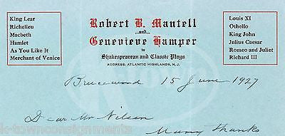 ROBERT MANTELL SHAKESPEAREAN THEATRE ACTOR AUTOGRAPH SIGNED LETTERHEAD 1927 - K-townConsignments