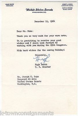 HUGH SCOTT PENNSYLVANIA SENATOR AUTOGRAPH SIGNED LETTER TO SERGEANT AT ARMS 1964 - K-townConsignments