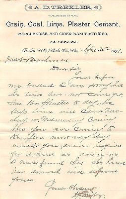 A. D. TREXLER BERKS COUNTY PENNSYLVANIA ANTIQUE AUTOGRAPH SIGNED LETTERHEAD 1891 - K-townConsignments