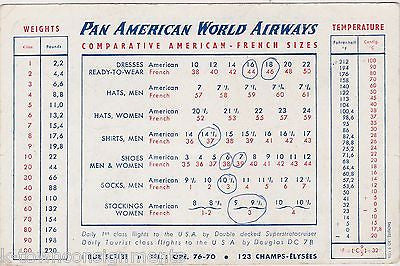 PAN AMERICAN AIRWAYS AMERICAN TO FRENCH CLOTHING SIZE CHART ADVERTISING FLYER - K-townConsignments