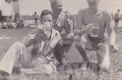 AMERICAN SOLDIERS IN UNIFORM & SWIMSUIT W/ PATCH DRINKING BEER SNAPSHOT PHOTO - K-townConsignments