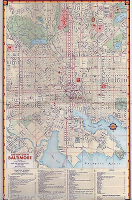 BALTIMORE MARYLAND SHELL GASOLINE VINTAGE GRAPHIC SOUVENIR TRAVEL MAP 18x26" - K-townConsignments