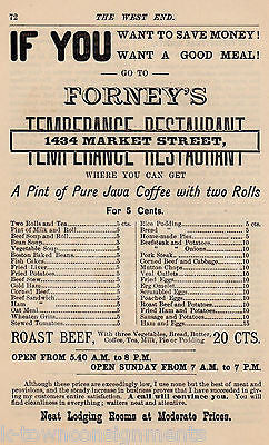 FORNEY'S TEMPERANCE RESTAURANT PHILADELPHIA PA ANTIQUE ADVERTISING PRINT MENU - K-townConsignments