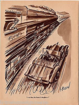 SPEEDING RAILROAD TRAIN & SPORTS CAR HUMOR GRAPHIC ILLUSTRATION CARTOON PRINT - K-townConsignments