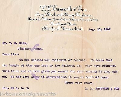 ENSWORTH & SON IRON STEEL HARDWARE HARTFORD CT ANTIQUE STATIONERY LETTER 1907 - K-townConsignments