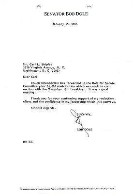 BOB DOLE SENATE CAMPAIGN FINANCING ORIGINAL AUTOGRAPH SIGNED LETTERHEAD 1986 - K-townConsignments