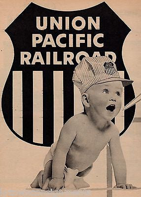 UNION PACIFIC RAILROAD BABY CONDUCTOR VINTAGE GRAPHIC ADVERTISING MAGAZINE PRINT - K-townConsignments