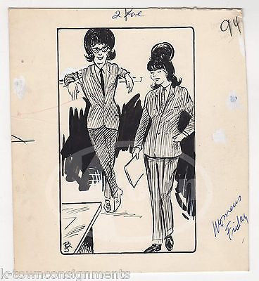 WOMEN'S PANTSUIT FASHIONS ORIGINAL SIGNED NEWSPAPER CARTOON ART INK SKETCH - K-townConsignments