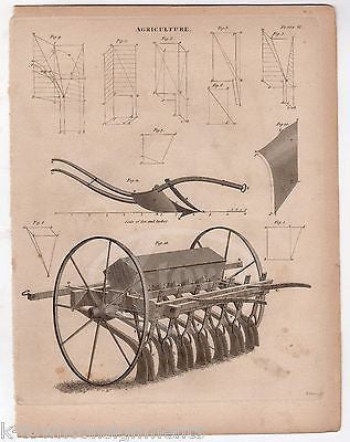 EARLY PLOWING HARVESTING EQUIPMENT DESIGN ANTIQUE GRAPHIC ENGRAVING PRINT 1832 - K-townConsignments