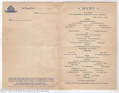 SS YUKON ALASKA STEAMSHIP COMPANY VINTAGE NIEMEYER GRAPHIC ART DINNER MENU 1937 - K-townConsignments