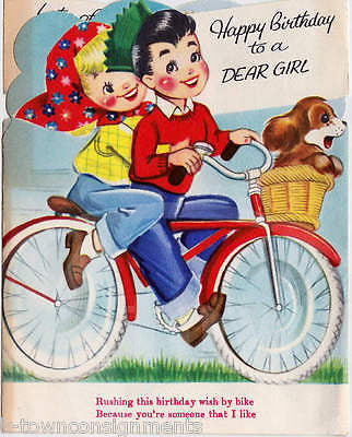 Cute Boy & Girl Bicycle Ride Date Vintage Graphic Art Birthday Greetings Card - K-townConsignments