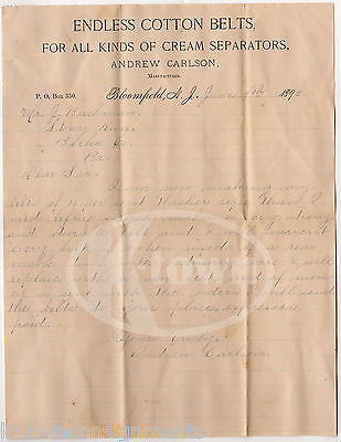 CARLSON ENDLESS COTTON BELTS BLOOMFIELD NJ ANTIQUE ADVERTISING LETTERHEAD 1892 - K-townConsignments