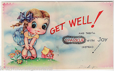 Big Blue Eyes Little Girl Cute Vintage Graphic Art Get Well Greetings Card - K-townConsignments