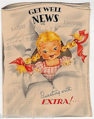 Extra! Newspaper News Cute Little Blond Girl Pigtails Vintage Get Well Card - K-townConsignments