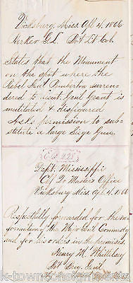CIVIL WAR PEMBERTON VICKSBURG SURRENDER MONUMENT OFFICIAL MILITARY LETTERS 1866 - K-townConsignments