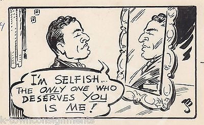 VAIN SELFISH NARCISSIST HUMOR ORIGINAL NEWSPAPER CARTOON INK SKETCH DRAWING - K-townConsignments