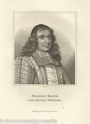 FRANCIS NORTH LORD KEEPER GUILDFORD ANTIQUE PORTRAIT ENGRAVING PRINT 1806 - K-townConsignments