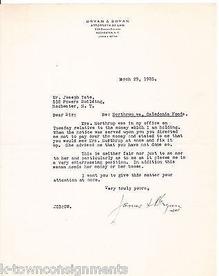 JAMES BRYAN ROCHESTER LAWYER ANTIQUE SIGNED LETTER RE: CALEDONIA FOODS BANKRUPT - K-townConsignments