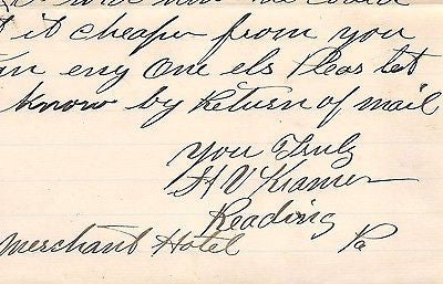 MERCHANT'S HOTEL READING PENNSYLVANIA ANTIQUE ADVERTISING LETTERHEAD 1891 - K-townConsignments