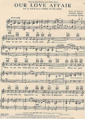JUDY GARLAND MICKEY ROONEY OUR LOVE AFFAIR VINTAGE GRAPHIC SHEET MUSIC 1940 - K-townConsignments