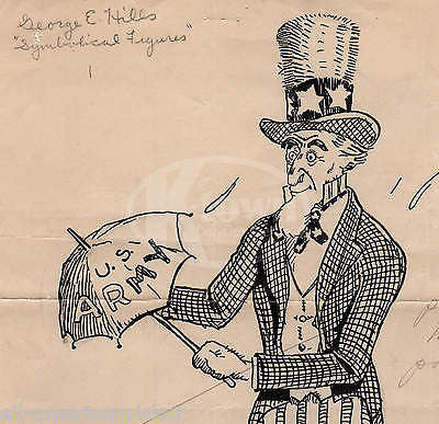 Uncle Sam US Army Umbrella Vintage Signed Patriotic Ink Sketch Drawing & Print - K-townConsignments