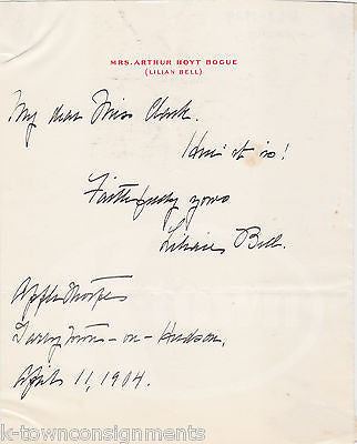 LILIAN BELL MRS ARTHUR HOYT BOGUE AMERICAN AUTHOR AUTOGRAPH SIGNATURE NOTE 1904 - K-townConsignments