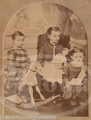 CUTE GIRLS & BOYS ANTIQUE DOLLS & OLD WOODEN ROCKING HORSE PHOTO ON BOARD - K-townConsignments
