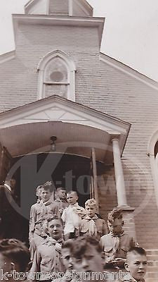 BOY SCOUTS OF AMERICAN SCOUTS IN UNIFORM EXITING CHURCH VINTAGE SNAPSHOT PHOTO - K-townConsignments