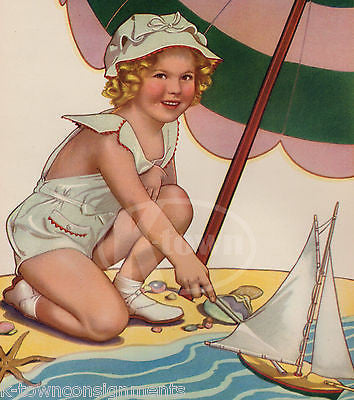 SHIRLEY TEMPLE CUTE BEACH BATHING SUIT SAIL BOAT ANTIQUE ILLUSTRATION PRINT 1935 - K-townConsignments