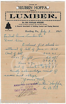 REUBEN HOFFA LUMBER READING PENNSYLVANIA ANTIQUE ADVERTISING SALES RECEIPT 1915 - K-townConsignments