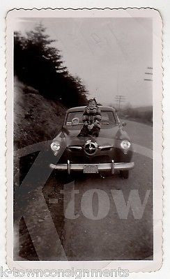 LITTLE BOY ON FANCY OLD CAR W/ TOY DOLL IN PASSENGER SEAT CUTE SNAPSHOT PHOTO - K-townConsignments