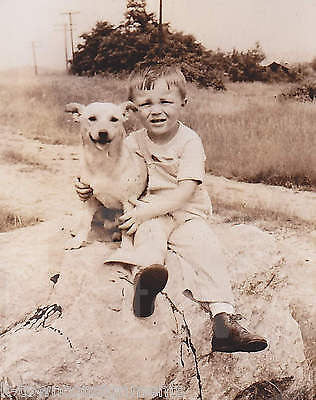 CUTE LITTLE BOY & HIS DOG  POSING TOGETHER AFTER PLAY VINTAGE SNAPSHOT PHOTO - K-townConsignments