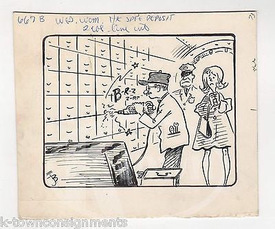 BANK ROBBERY DRILLING SAFE DEPOSIT BOX ORIGINAL SIGNED NEWS CARTOON INK SKETCH - K-townConsignments