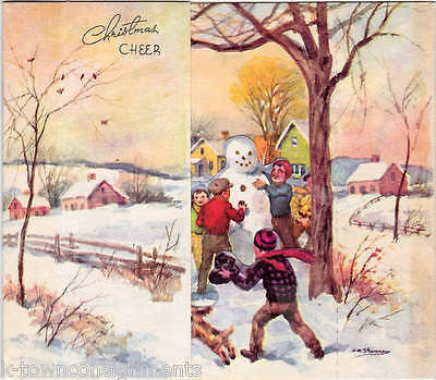 Kids Winter Snowman Scene Vintage Stand-Up Graphic Illustrated Christmas Card - K-townConsignments