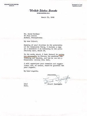 STUART SYMINGTON MISSOURI SENATOR ORIGINAL AUTOGRAPH SIGNED DNC LETTERHEAD 1960 - K-townConsignments