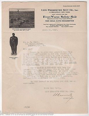 EARLY LIFE PRESERVER WETSUIT INVENTION ANTIQUE AUTOGRAPH SIGNED LETTERHEAD 1917 - K-townConsignments