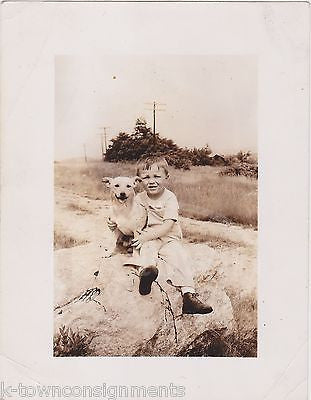 CUTE LITTLE BOY & HIS DOG  POSING TOGETHER AFTER PLAY VINTAGE SNAPSHOT PHOTO - K-townConsignments