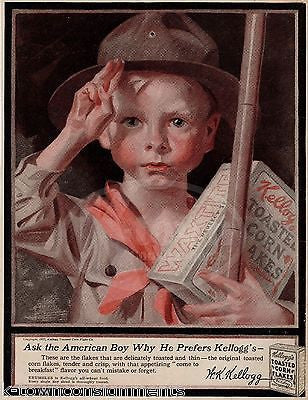 CUTE LITTLE BOYSCOUT LEYENDECKER COVER ART ANTIQUE KELLOGG CORN FLAKES AD PRINT - K-townConsignments