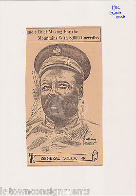 GENERAL PANCHO VILLA ANTIQUE NEWSPAPER GRAPHIC ILLUSTRATION MUGSHOT CLIPPING - K-townConsignments