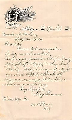 AMERICAN HOTEL ALLENTOWN PENNSYLVANIA ANTIQUE ADVERTISING LETTERHEAD 1891 - K-townConsignments