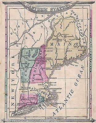 NEW ENGLAND AMERICAN STATES MAINE ANTIQUE HAND COLORED GRAPHIC ILLUSTRATED MAP - K-townConsignments