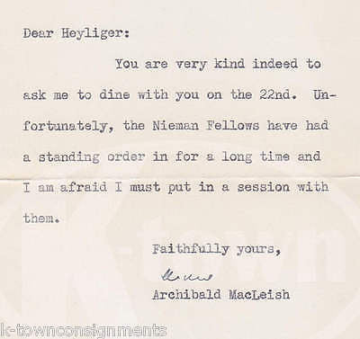 ARCHIBALD MACLEISH PULITZER PRIZE POET AUTOGRAPHED LIBRARY OF CONGRESS LETTER - K-townConsignments
