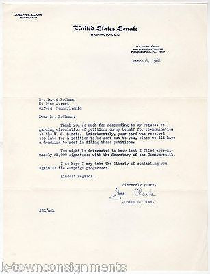 JOSEPH CLARK PENNSYLVANIA SENATOR AUTOGRAPH SIGNED RE-NOMINATION REQUEST LETTER - K-townConsignments