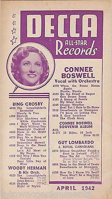 BING CROSBY JIMMY DORSEY CONNEE BOSWELL & MORE VINTAGE DECCA ADVERTISING FLYER - K-townConsignments