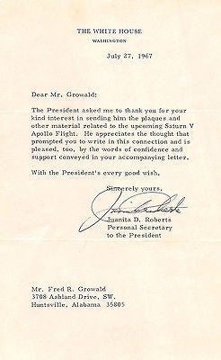 JUANITA ROBERTS AUTOGRAPH SIGNED PRESIDENTIAL LETTER OF NASA APOLLO FLIGHT 1967 - K-townConsignments