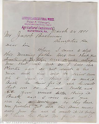 KEYSTONE AGRICULTURAL WORKS KUTZTOWN PA ANTIQUE FARMING ADVERTISING LETTER 1891 - K-townConsignments